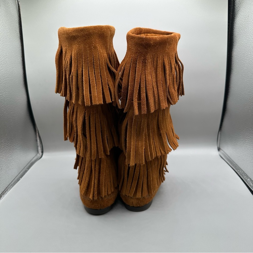 Minnetonka Triple Fringe Suede Moccasin Boots - Chestnut - Picture 7 of 11